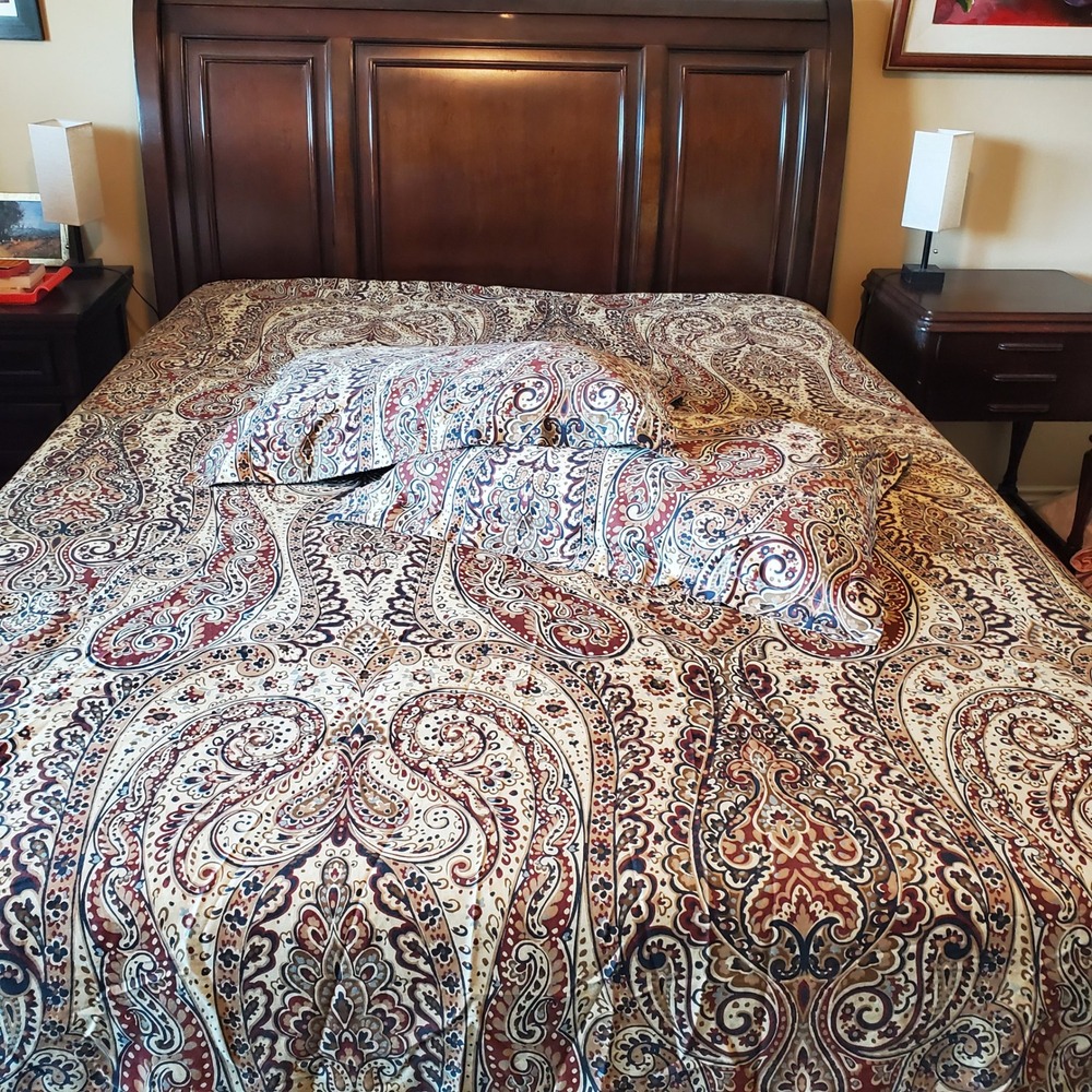 Tahari Home Emily 3pc Full Queen Duvet Cover Set Paisley Navy Burgundy Cotton